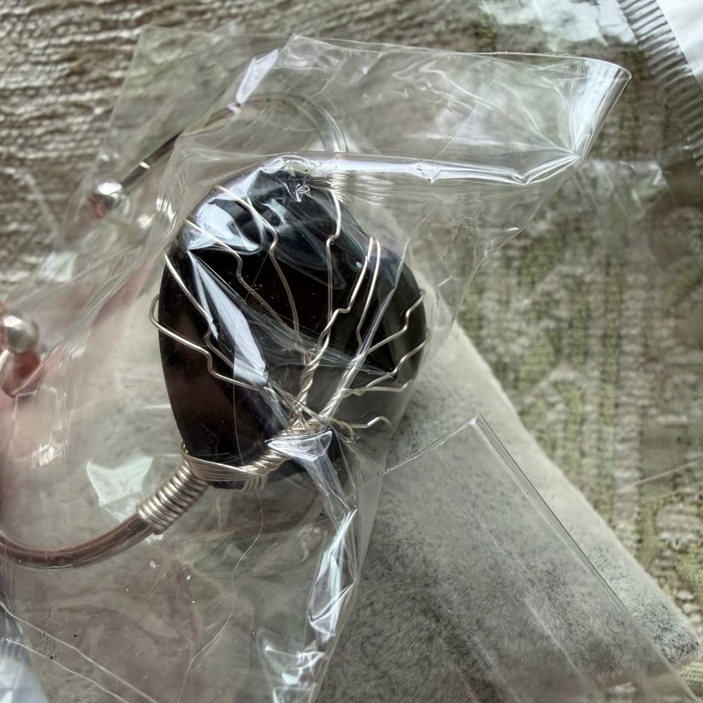 Silver Wire Wrapped Cuff Bracelet with Black heart shaped Stone
